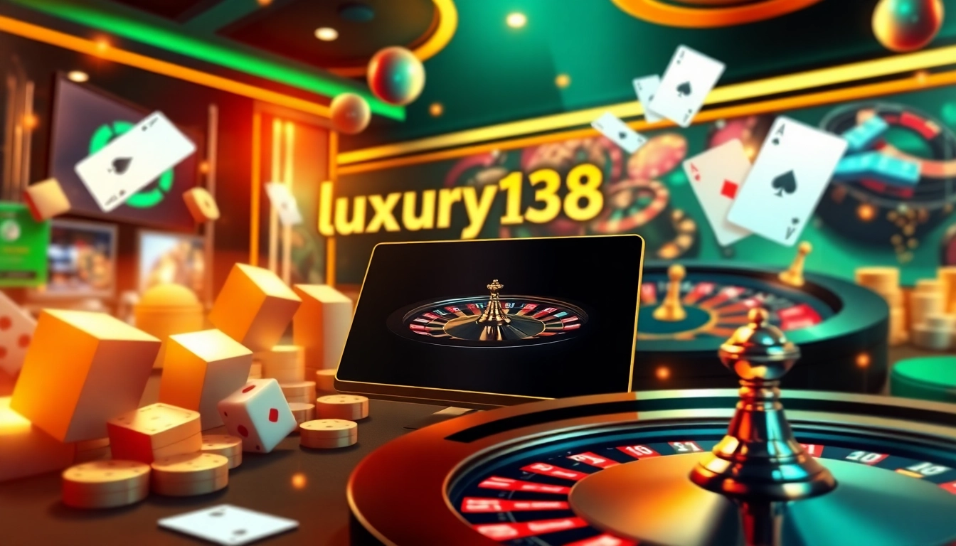 Experience the thrilling essence of luxury138 with vibrant cards and dice in a luxurious online casino atmosphere.