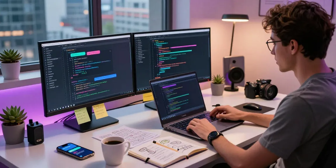 Developer engaging with Kobold AI software in a modern workspace with dual screens and vibrant coding elements.