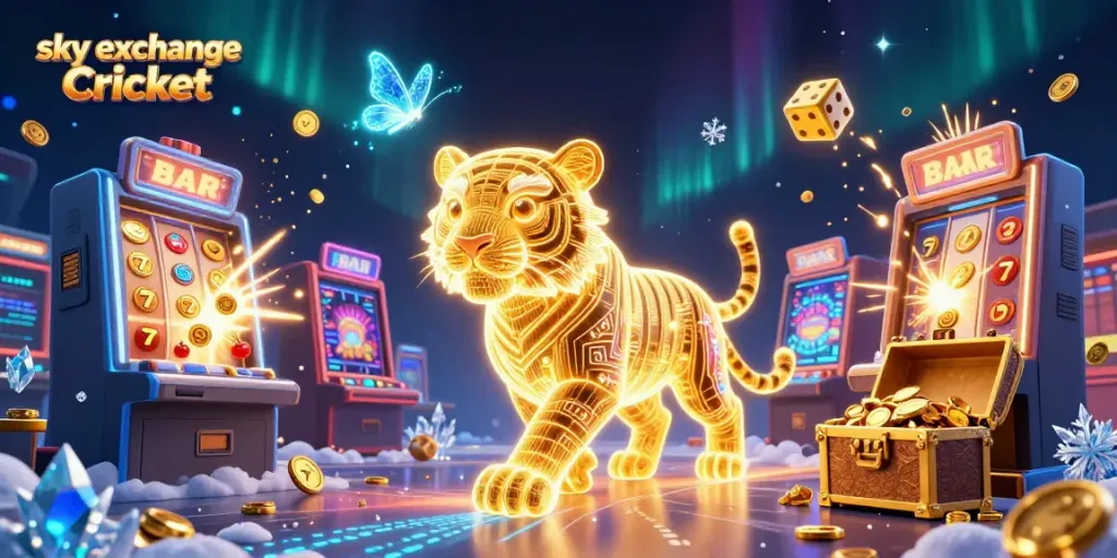 Bet on sky exchange Cricket with a vibrant, energy-filled casino scene featuring a golden tiger.