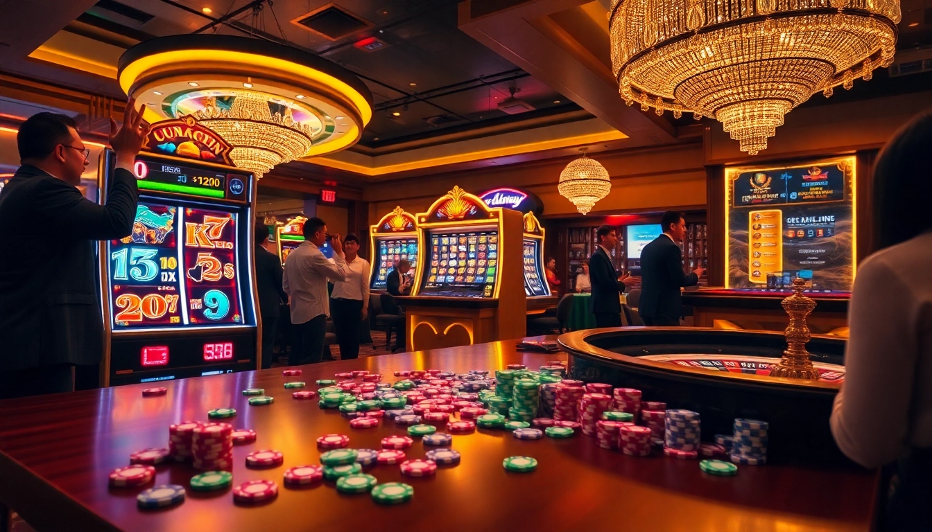 Experience the excitement of qqmacan with vibrant slots and players enjoying thrilling casino games.