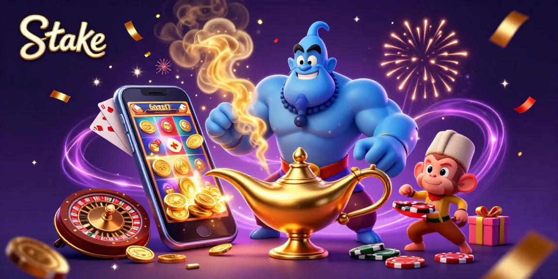 Experience the thrill at Stake with an enchanting casino-themed illustration featuring a genie and treasures.