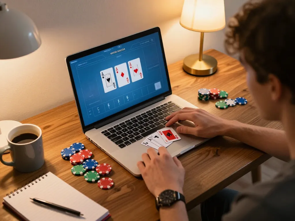 Engaging scene of a player at KO66 focused on an online poker game with chips visible.