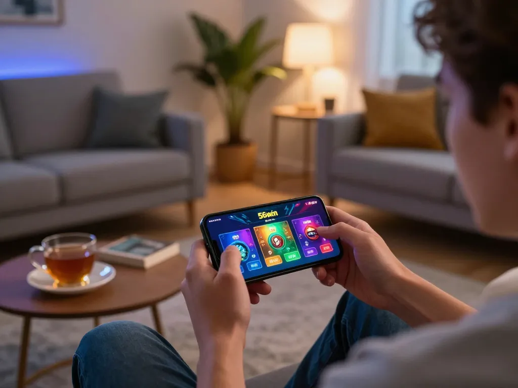 Engaging gameplay experience with 56win casino app on smartphone in cozy living room setting