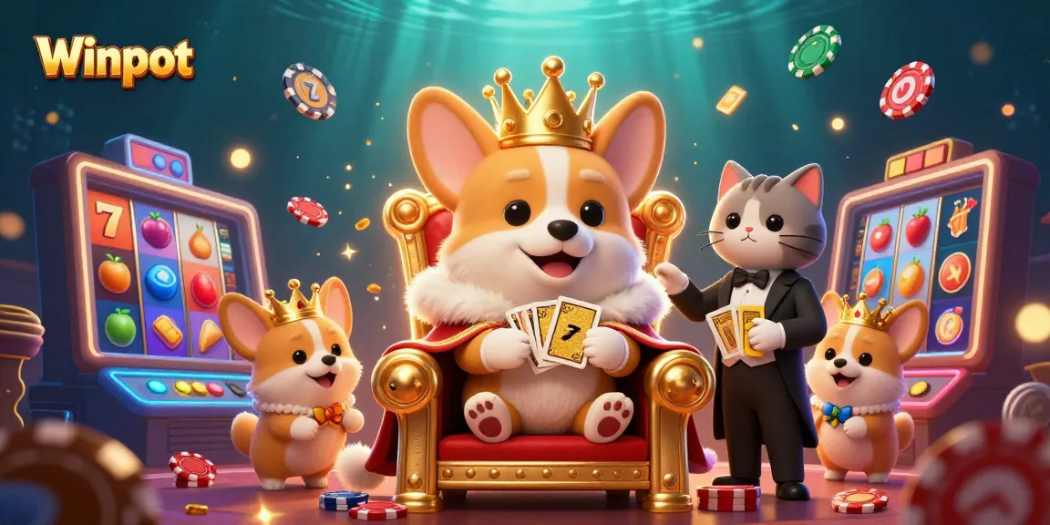 Winpot's royal instantiation engages with vibrant slot reels and lucky symbols in a dynamic casino environment.