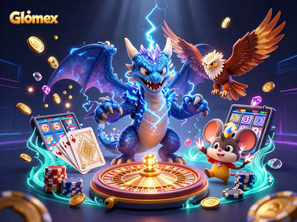 Spin the Glomex roulette as thunder dragon, wind hawk, and thunder mouse celebrate winnings.