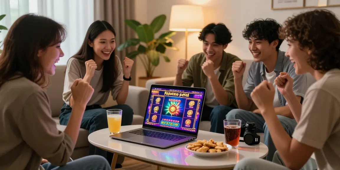 Cheering friends enjoying a pajaktoto pay4d online gaming session in a cozy living room.