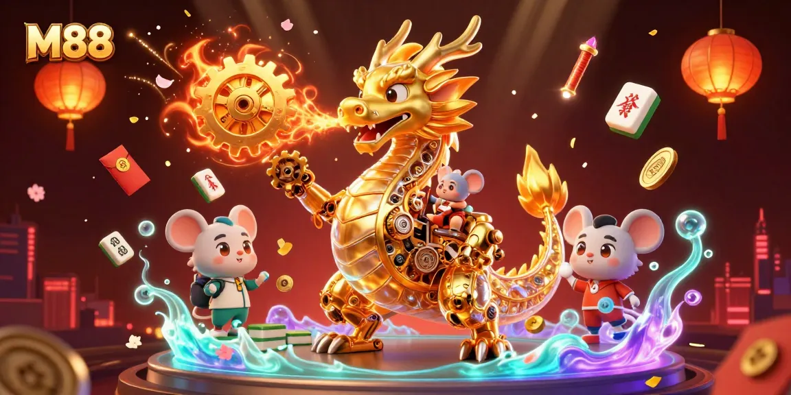 M88 gaming illustration with a golden dragon, Mahjong tiles, and vibrant casino elements.