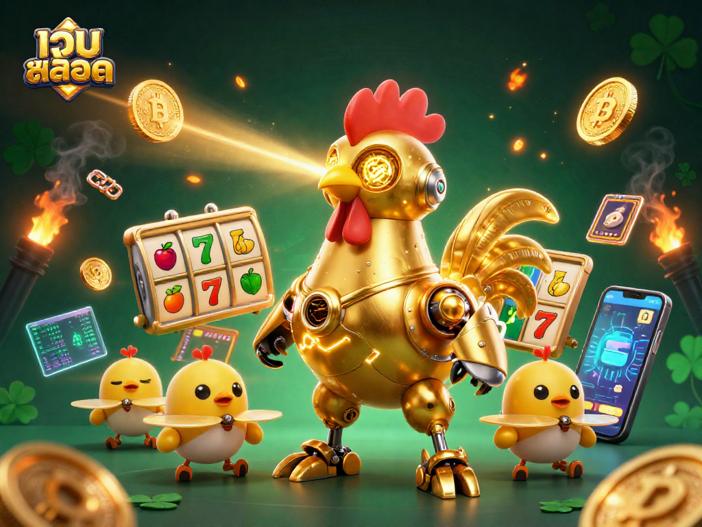 Experience the thrill of เว็บสล็อต with engaging slot reels and futuristic characters in a vibrant casino-themed scene.
