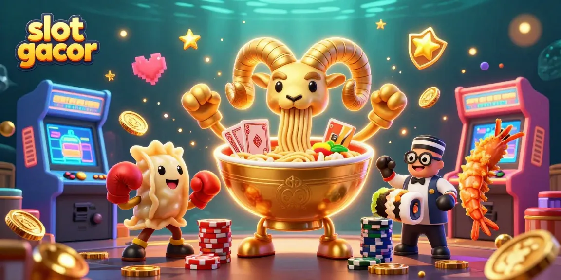 Menang di slot gacor dengan karakter imut di lingkungan kasino yang ramai dan penuh warna.
