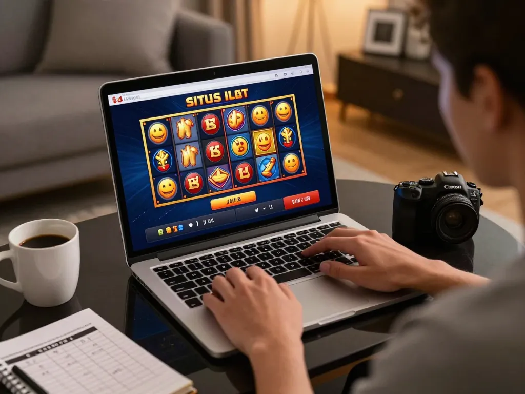 Situs slot gameplay on a laptop illustrating strategic betting in a cozy home atmosphere.
