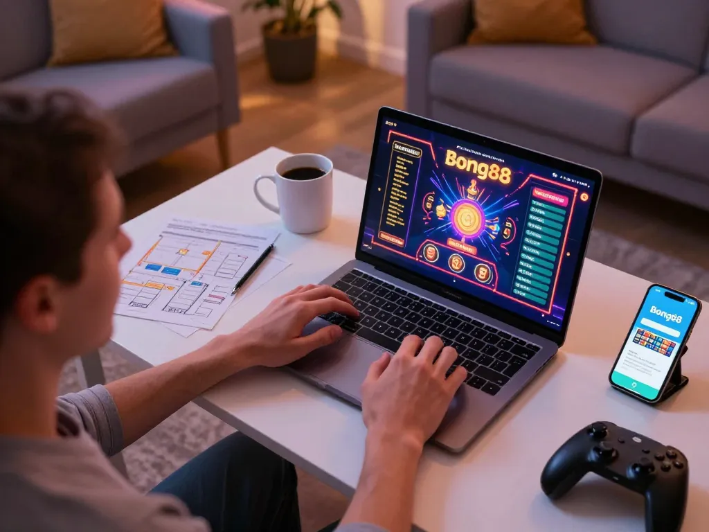 Bong88 user enjoying an online casino game on laptop, surrounded by a cozy environment, promoting responsible gaming