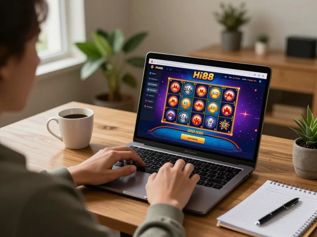 Person engaging with Hi88 online casino from a cozy home setup, showcasing gaming atmosphere.
