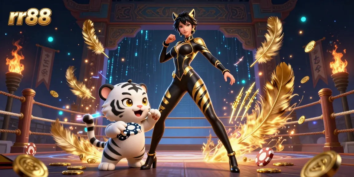 Engage in thrilling gameplay at rr88 with a stunning 3D woman and baby tiger in a vibrant casino scene.