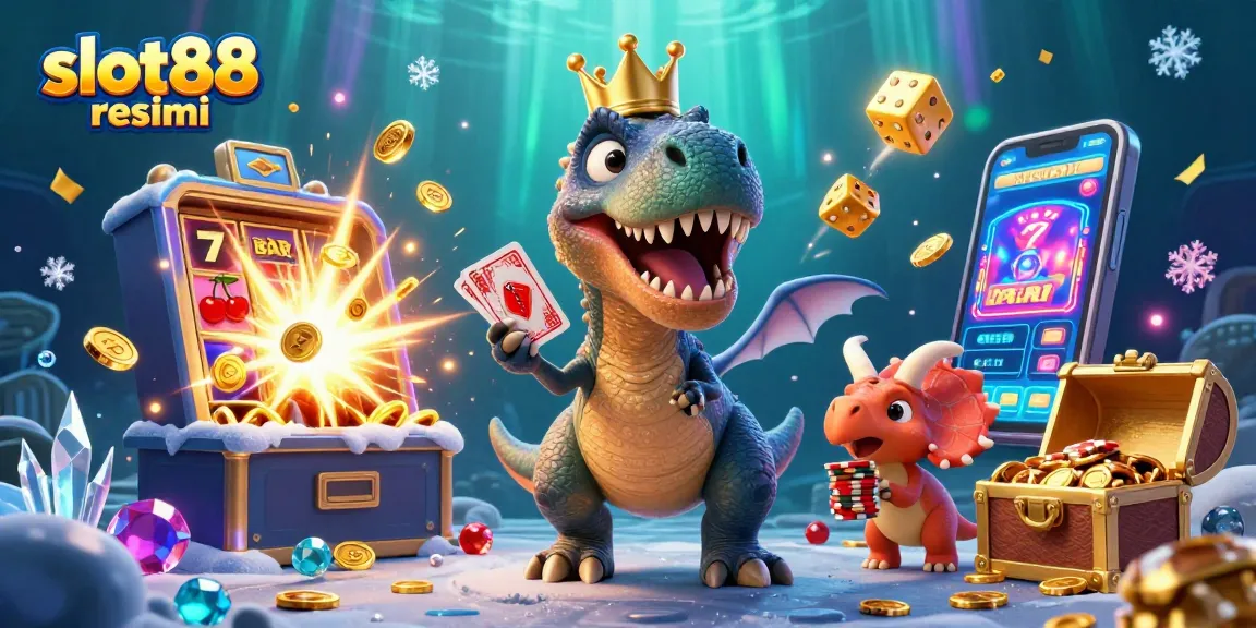 Engage with slot88 resmi thrilling gameplay featuring a T-Rex, pterodactyl, and triceratops around a lively slot machine.