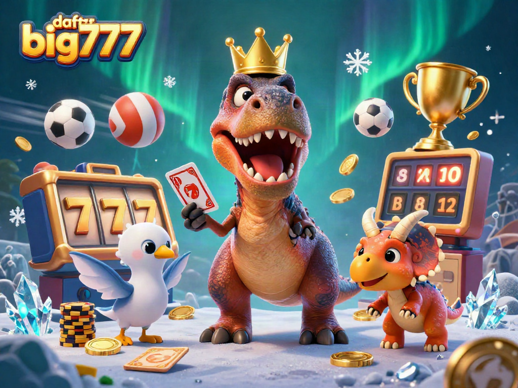 Gambarlah daftar big777 yang menampilkan dino lucu bermain kartu dan menumpuk chip emas.