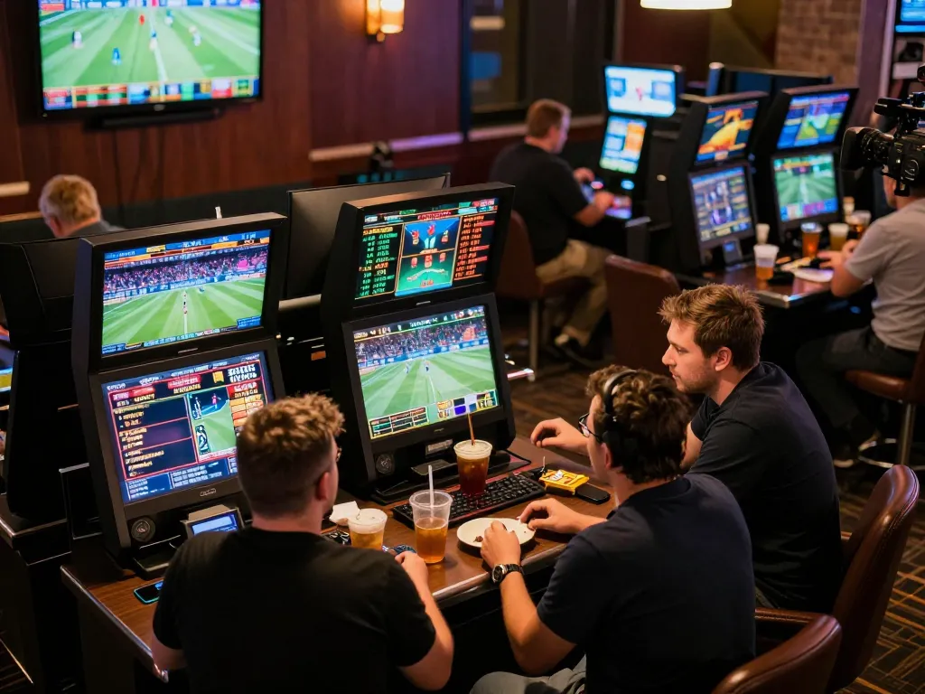 Engaged bettors discussing strategies at ATQ sports betting lounge with live events displayed