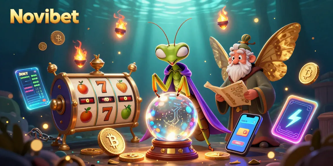 Experience the thrill of Novibet's casino with vibrant slot games and glowing crypto elements.