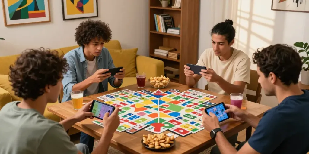 Players enjoying Rumble Rummy in a cozy living room setting, engaging with mobile devices.