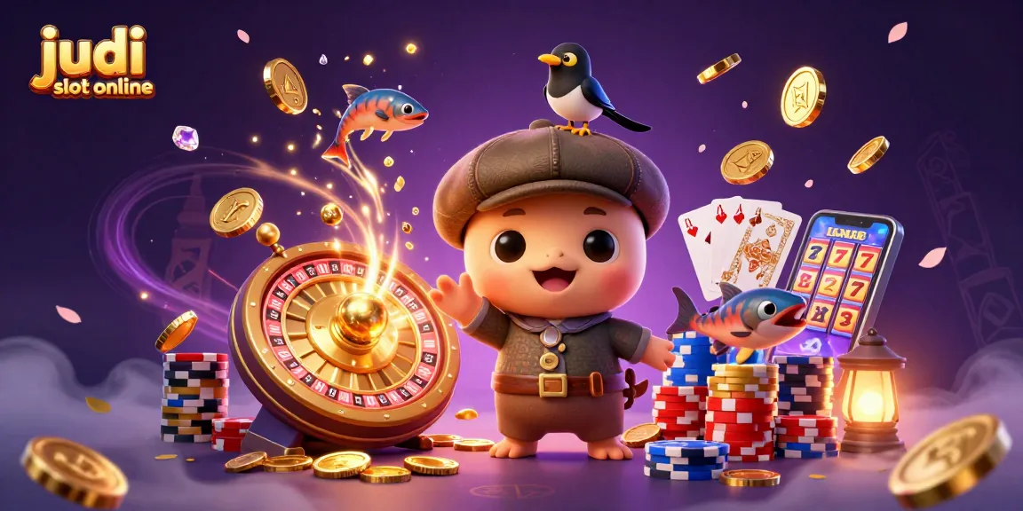 Slot online judi slot online dengan karakter lucu dan elemen gim kasino, penuh dengan koin emas dan simbol keberuntungan.