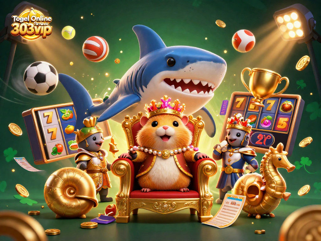 Togel Online Terbaru 303vip showcases a dazzling 3D illustration of the hamster king and dynamic slot elements.