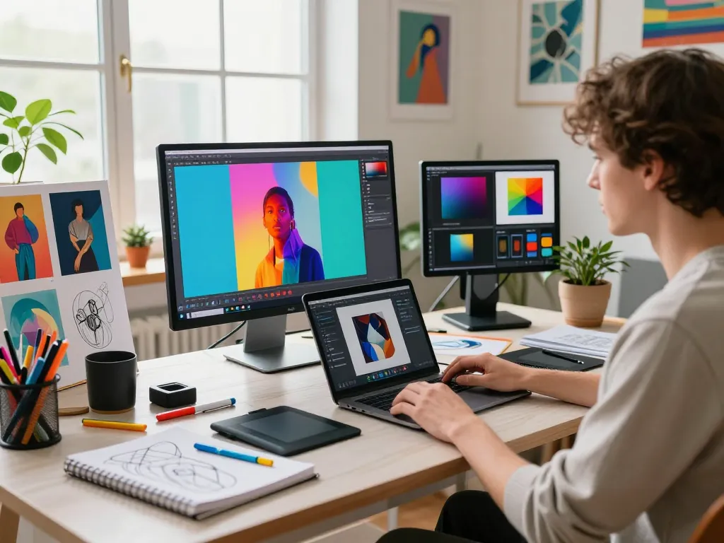 Artist editing images with nano banana 2 in a bright digital studio filled with vibrant artwork.