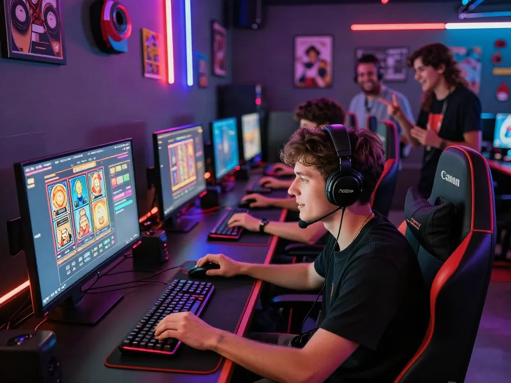 Gamer menggunakan nyonya4d login di kafe bermain dengan antusias.