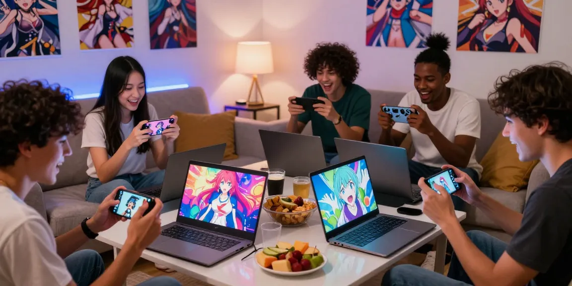 Friends engaging with playful hentai games on mobile devices and laptops in a cozy living room.
