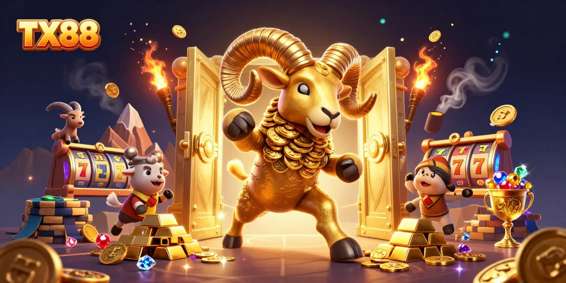 Witness thrilling TX88 action with a golden ram charging, surrounded by casino riches and dynamic slot elements.