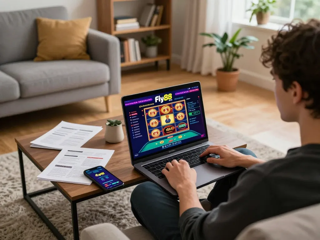 Engaging in online gaming at home with fly88 app on a laptop, showcasing a responsible gambling atmosphere.