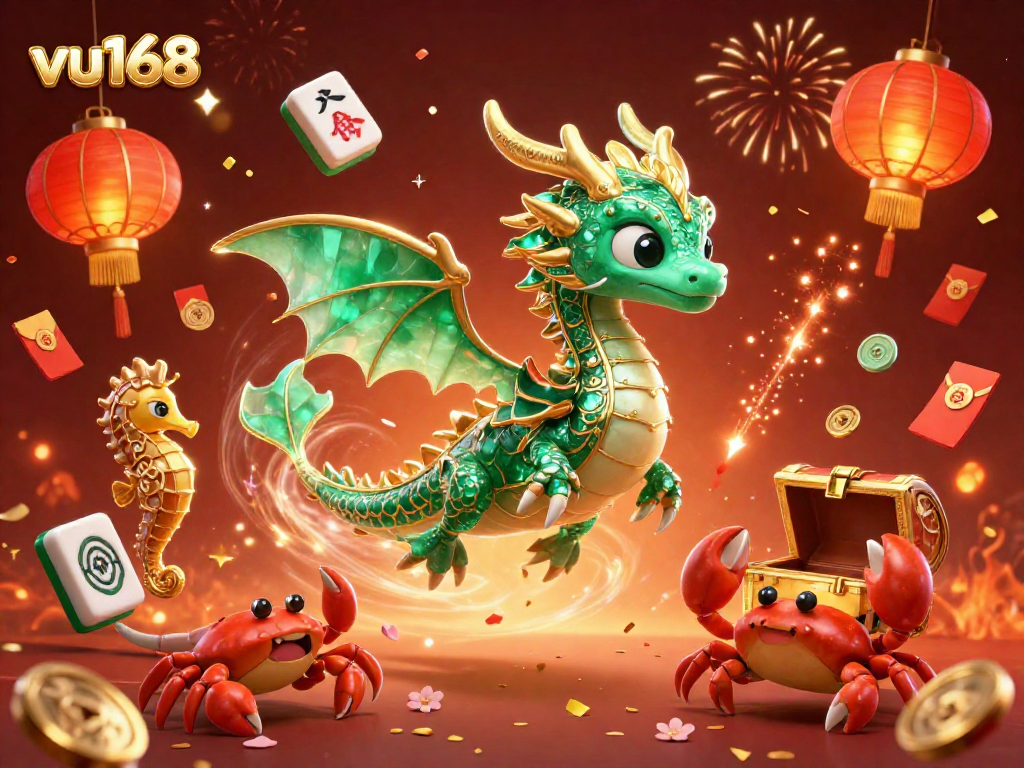 Experience the thrilling world of vu168 with a vibrant scene featuring a sea dragon, crabs, and lucky symbols.