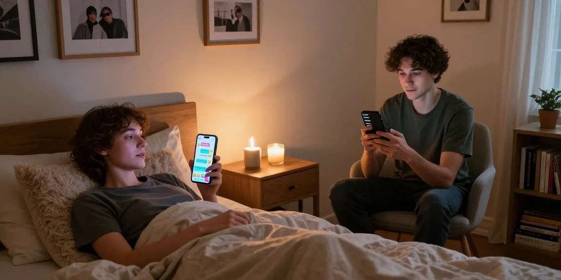 Cozy bedroom setting with characters sexting AI on smartphones, showcasing intimate conversations and playful exchanges.
