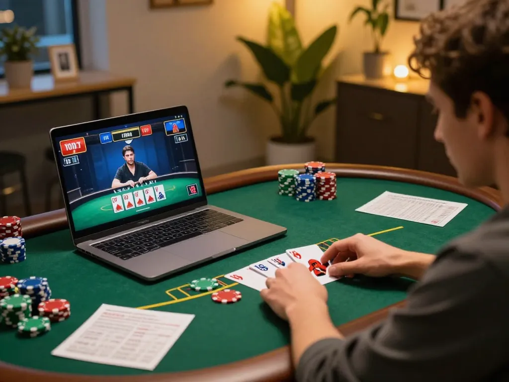 Engaging in online blackjack with casinosscope strategy notes and betting chips visible.