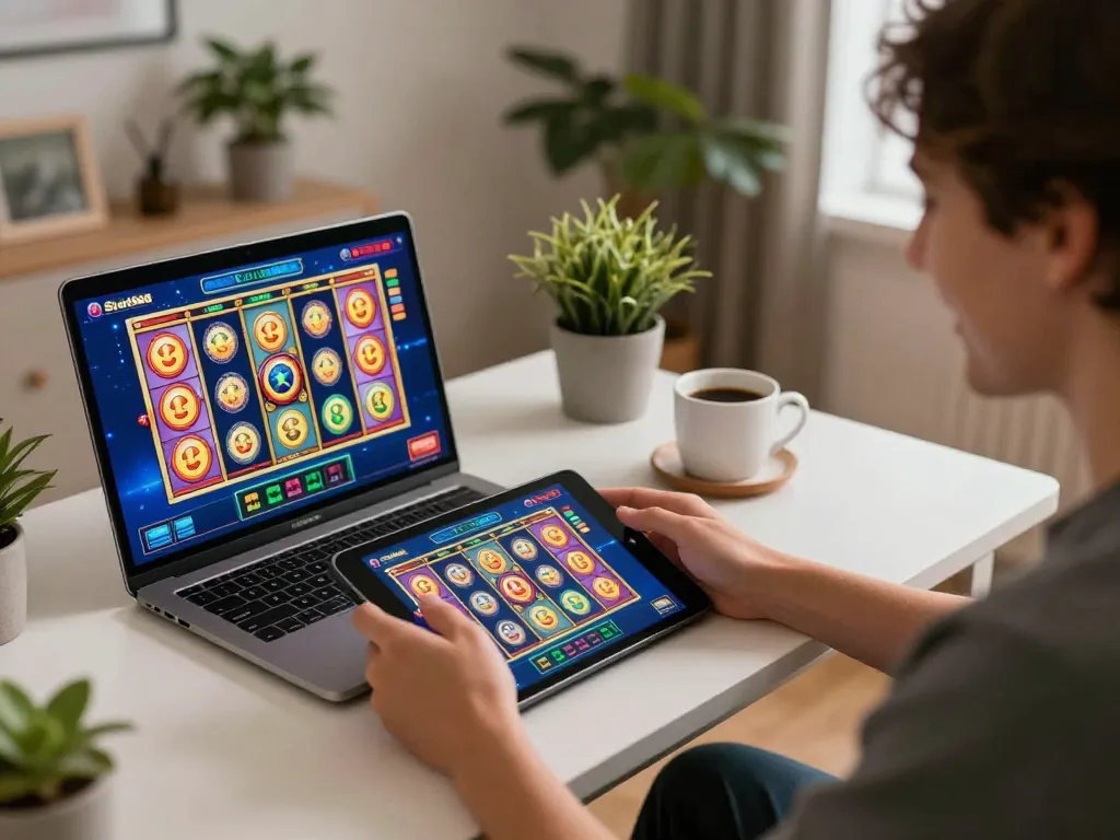 Engaging in Slot88 gameplay on tablet in a cozy home setting with dynamic reels on screen.