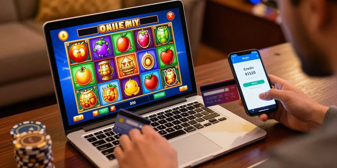 Player enjoying credit card casinos on a laptop, surrounded by vibrant slot game visuals.