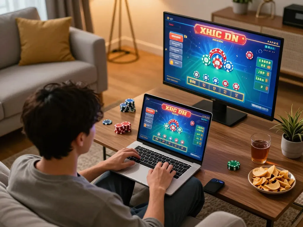 xóc đĩa online gameplay in a cozy home setting, showcasing immersive gaming experience.