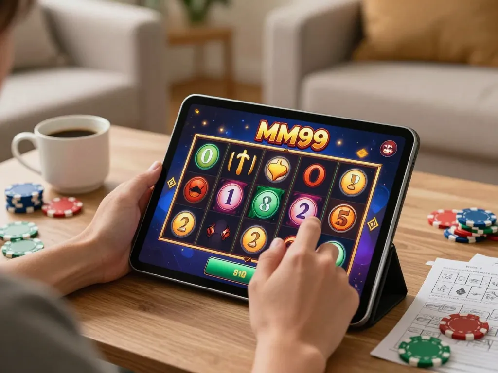 Enjoying an exciting session of MM99 Slot in a cozy home setting with colorful game visuals.