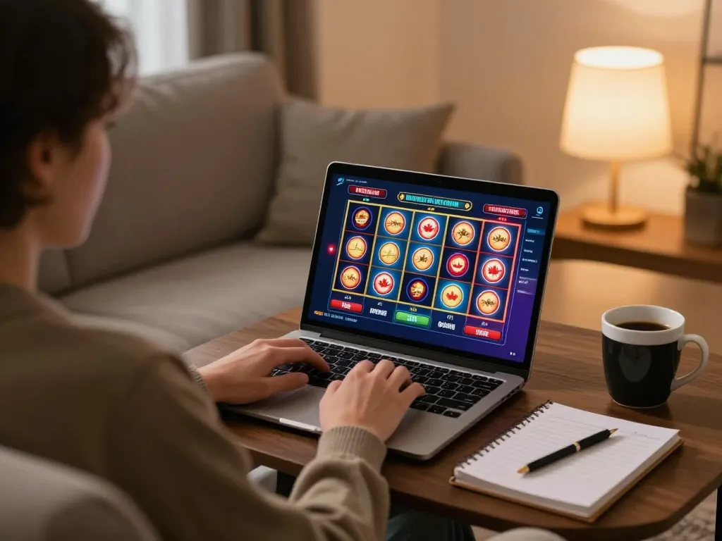 Engaging in online casinos in Canada with vibrant slots on the laptop at home.