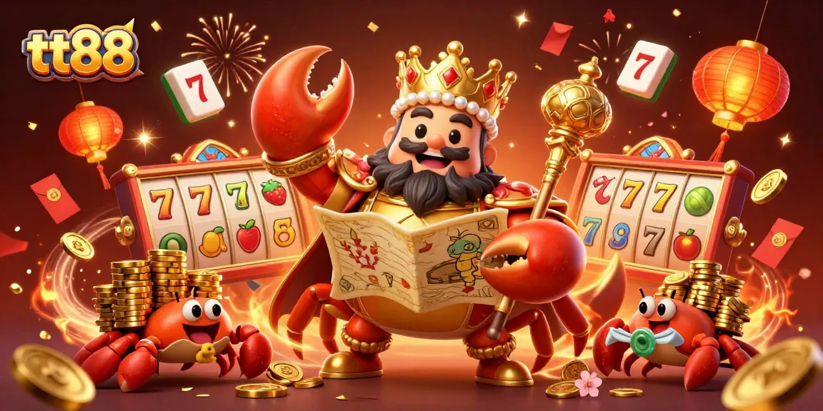 Engage with tt88's thrilling slots, where a golden crab emperor leads the game amidst vibrant casino elements.