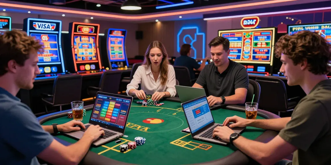 Exciting scene of players using casinos that accept credit cards, engaging in live dealer games with colorful slot displays.