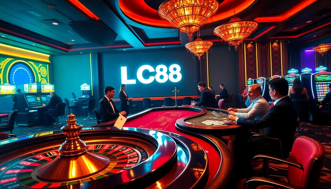 Experience high-stakes gaming at LC88 with players enjoying roulette and slot machines.