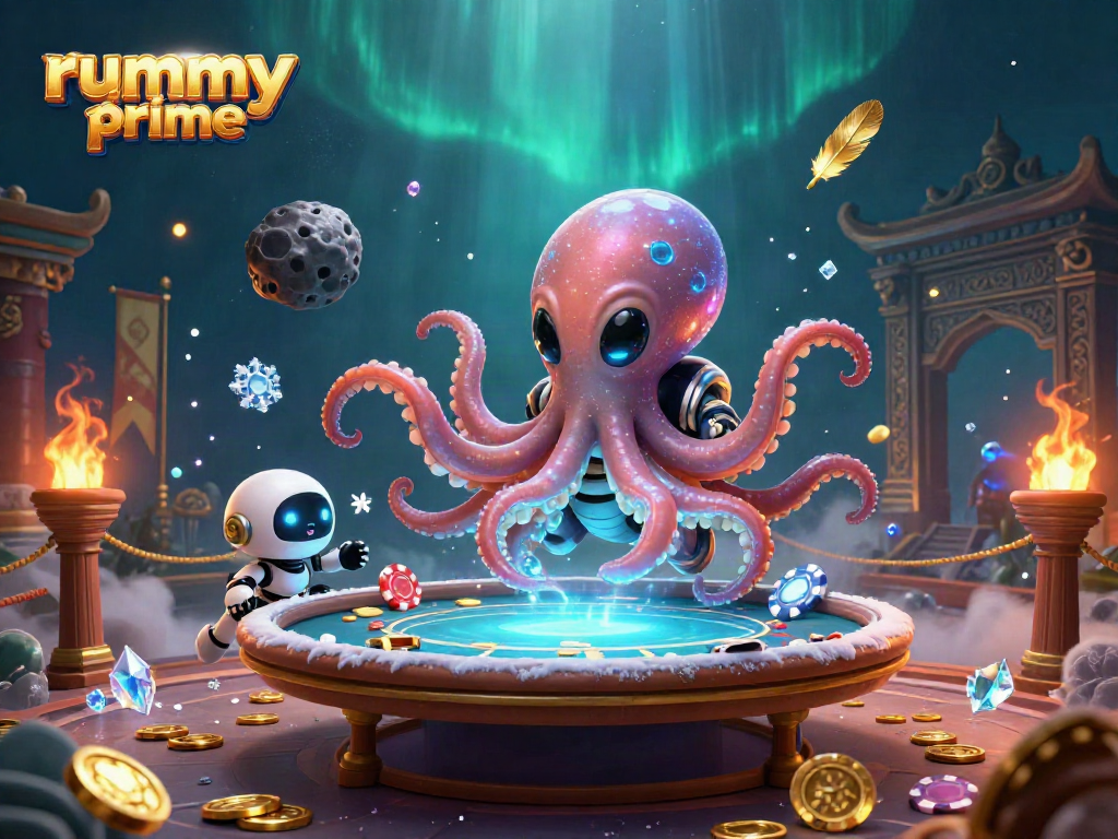 Experience engaging card gameplay with Rummy Prime, featuring a unique alien octopus and dynamic poker elements.