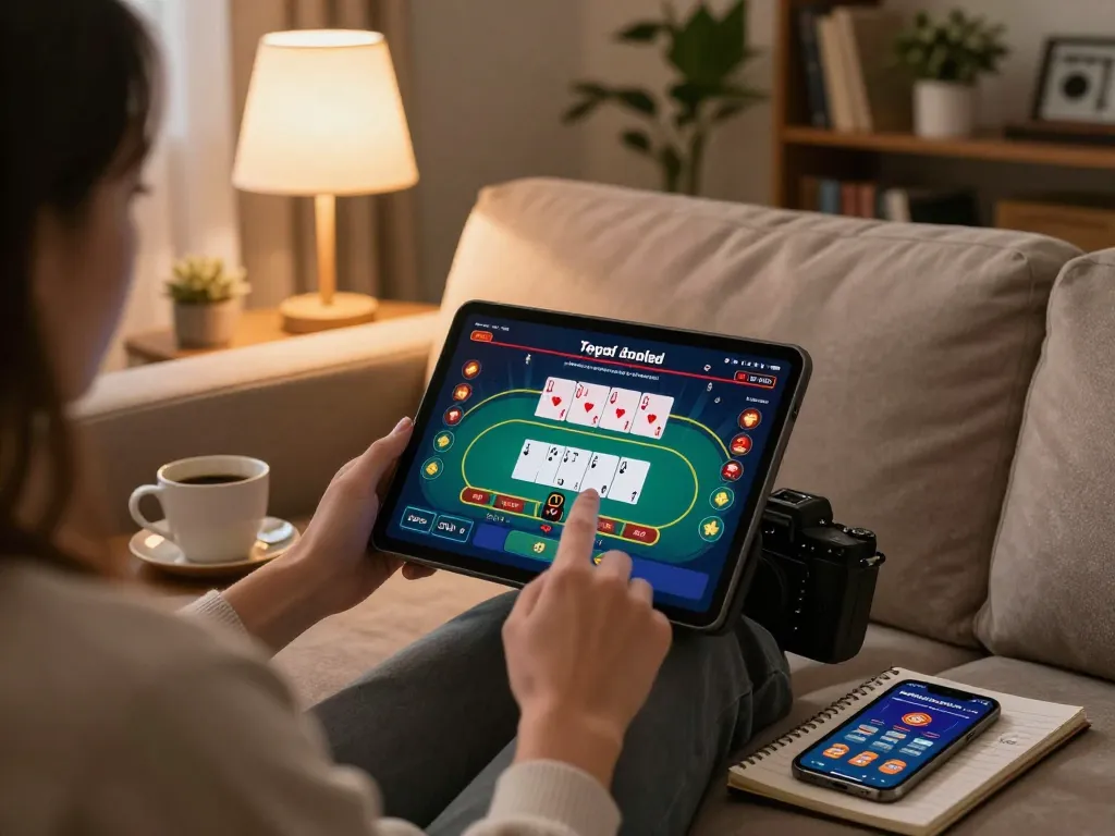 Engaging with 388bet online poker game on a tablet in a cozy living room setting