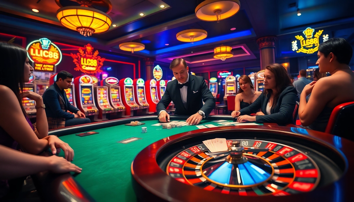 Experience the thrill of LC88 casino with vibrant slot machines, a roulette wheel, and engaged players.