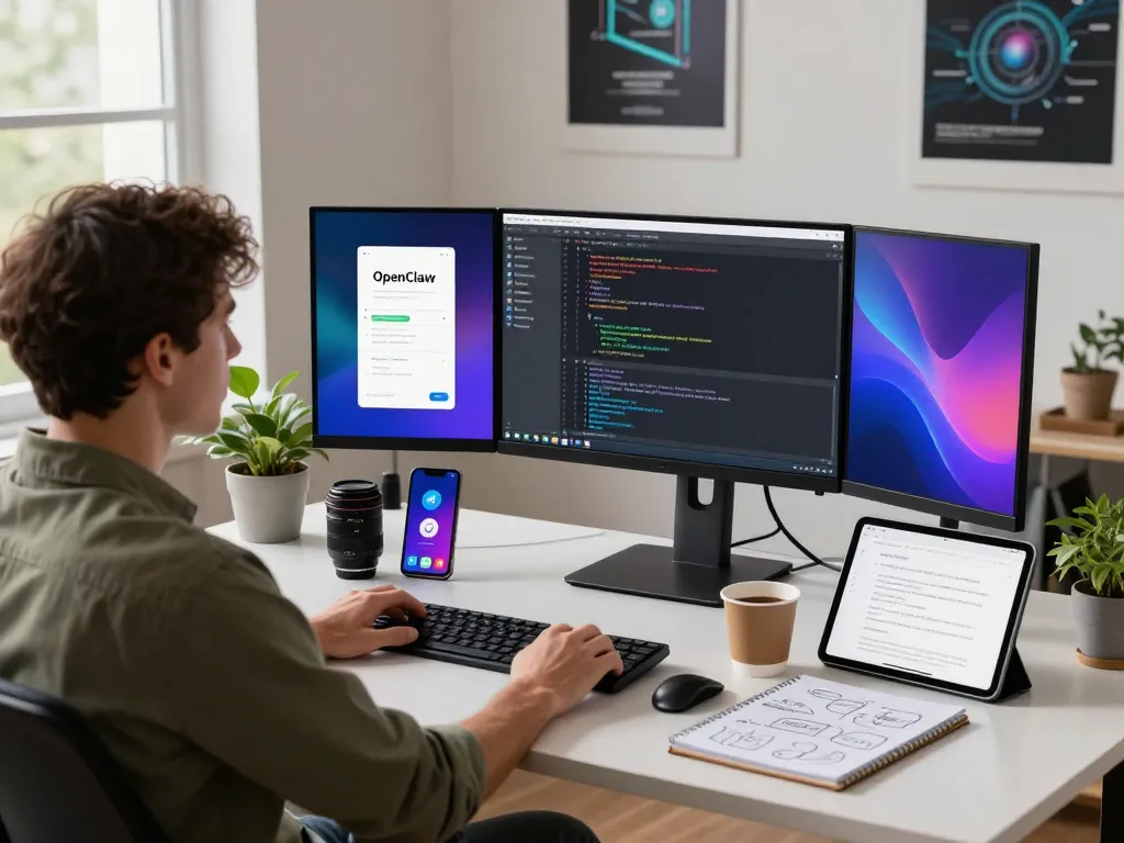 openclaw workspace with dual monitors, developer coding and managing apps in a bright tech office