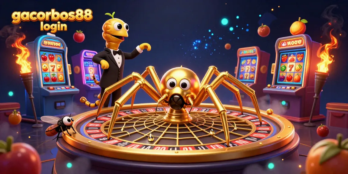Experience gacorbos88 login illustrated through a cartoon spider and fly in a vibrant casino scene.