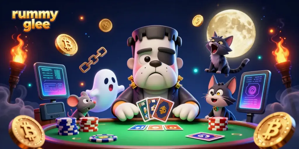 Rummy Glee: Lihat Frankenstein bulldog dan makhluk fantasi lainnya beraksi di meja kasino yang menyenangkan dengan chip dan koin kripto.