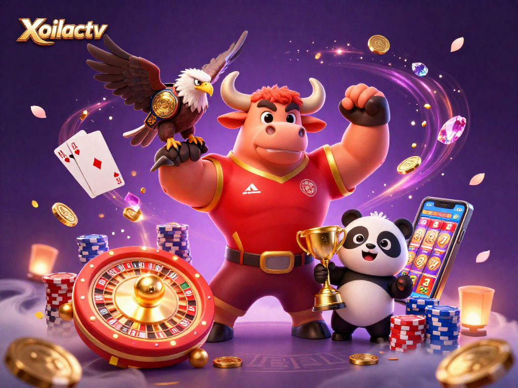 Xoilactv brings players excitement with a casino scene featuring a bull mascot, eagle, and panda amidst flying coins, roulette, and poker chips.