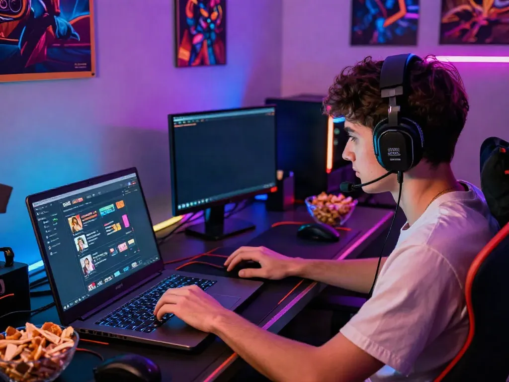 Player engaged in a slot88 game on a laptop surrounded by gaming gear and vibrant lighting.