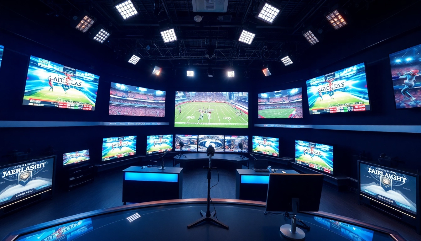 Dynamic scene of sports broadcasting with anchor desk and live screens showcasing thrilling events.