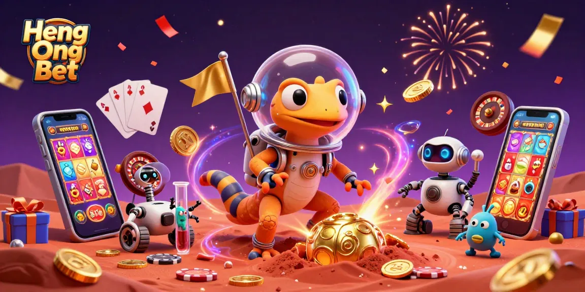 Heng Ong Bet captures a 3D Martian gecko uncovering a buried casino while winning with vibrant slot games.